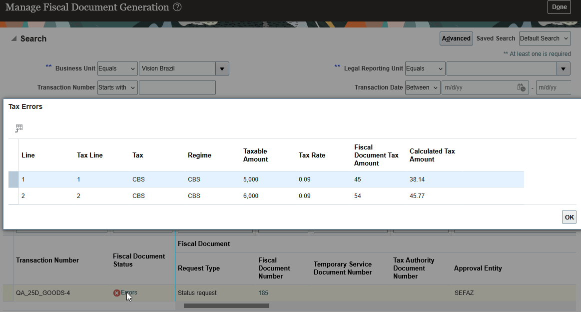 Manage Fiscal Document Generation page displaying the tax differences