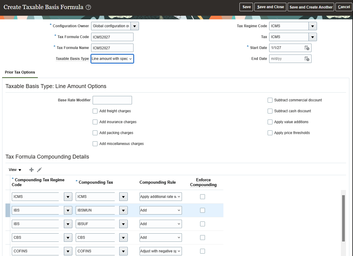 Create Taxable Basis Formula page
