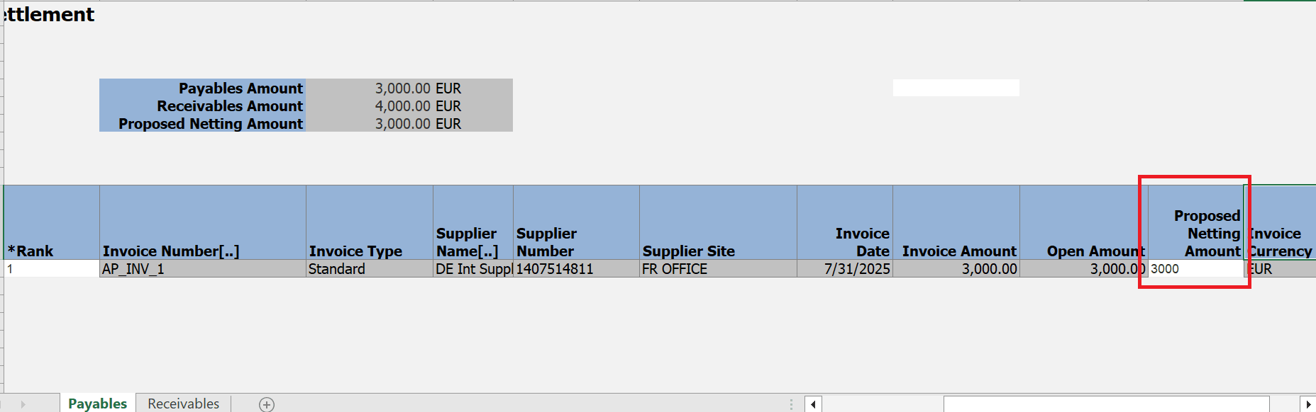 Netting Settlement Payables Worksheet