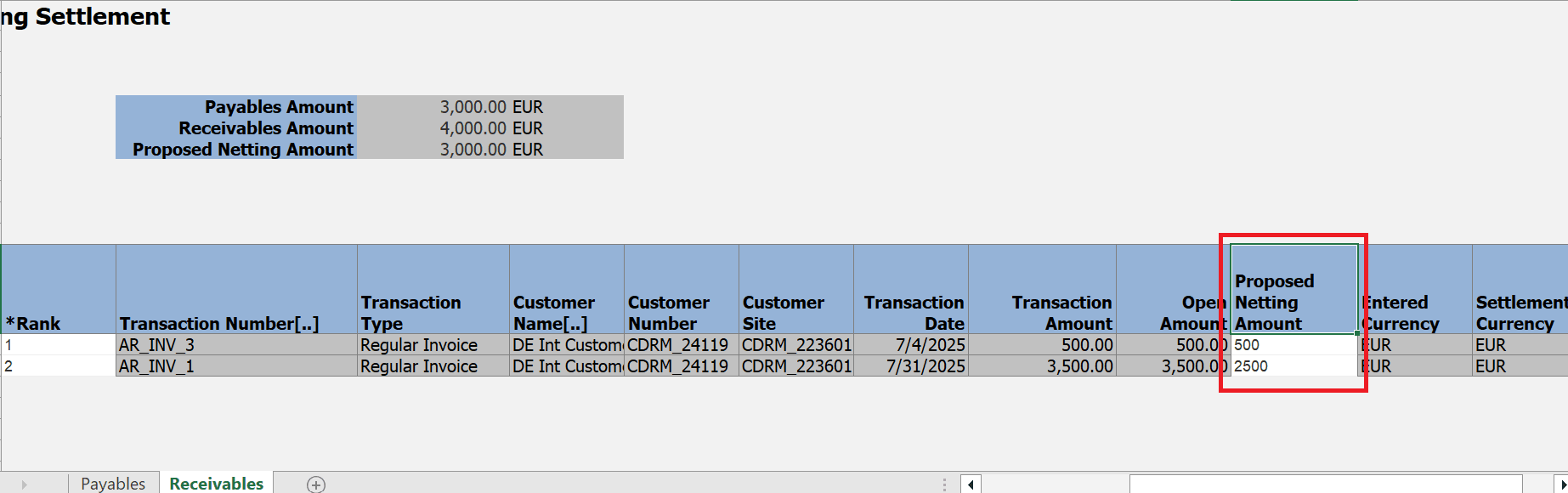 Netting Settlement Receivables Worksheet