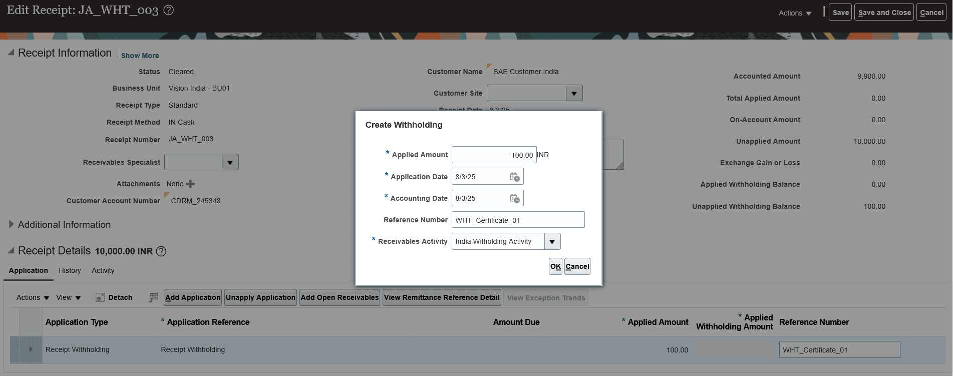 Manually create withholding activity for Receivables receipt using Edit Receipt page