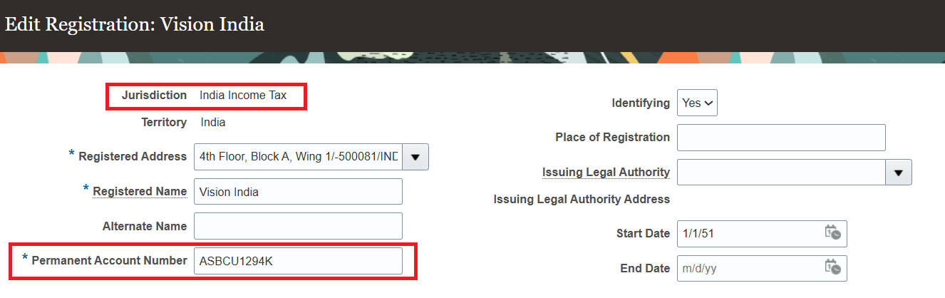 PAN Setup Registration Details for Legal Entity
