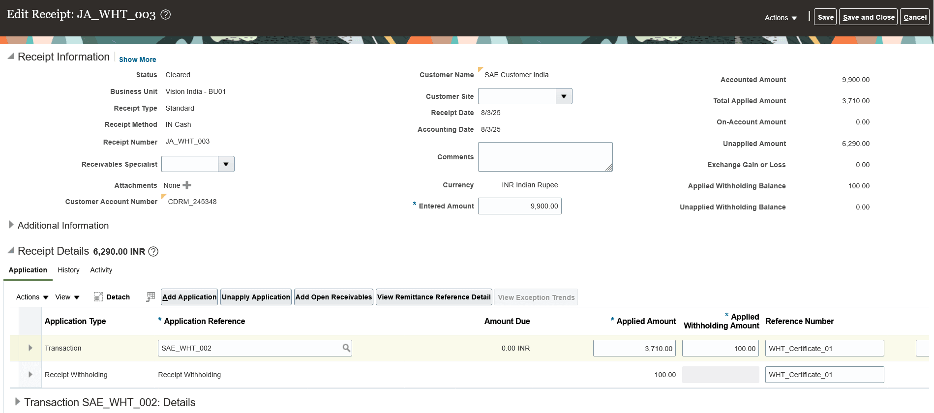 Manually apply withholding activity to Receivables transaction using Edit Receipt page