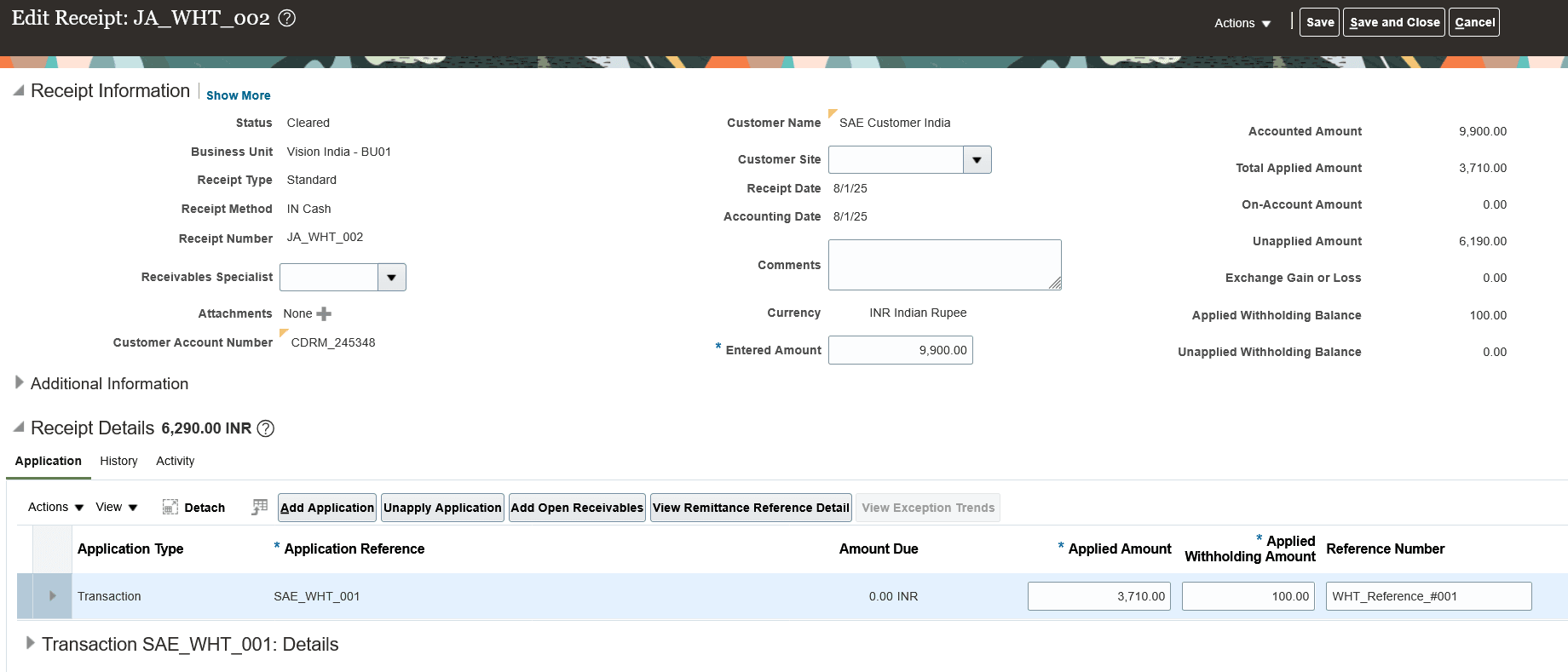 Enter applied withholding amount for a transaction application line using the Edit Receipt page.