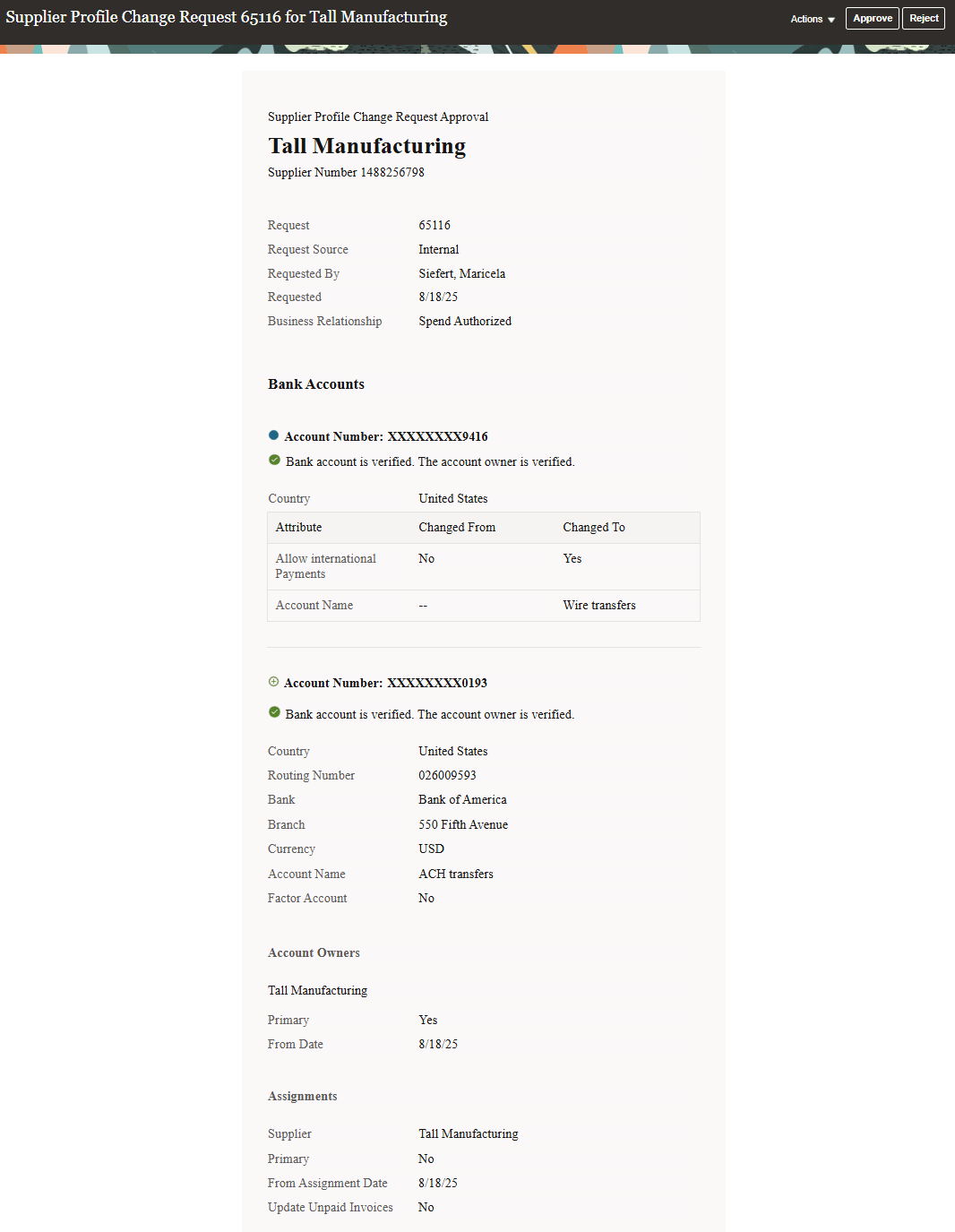Bank Account Validation Status Displayed on Supplier Profile Change Request Approval Notification