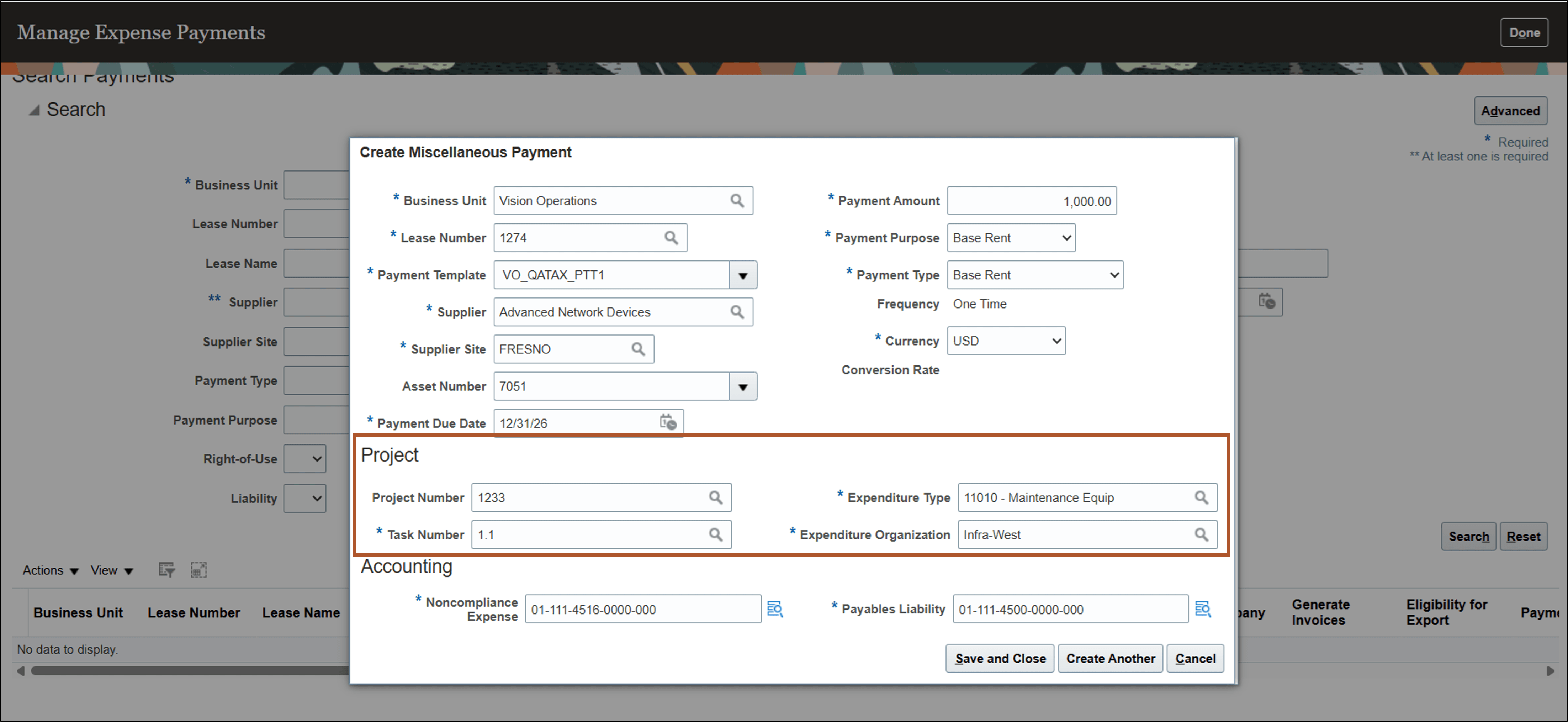 Create Miscellaneous Payment page