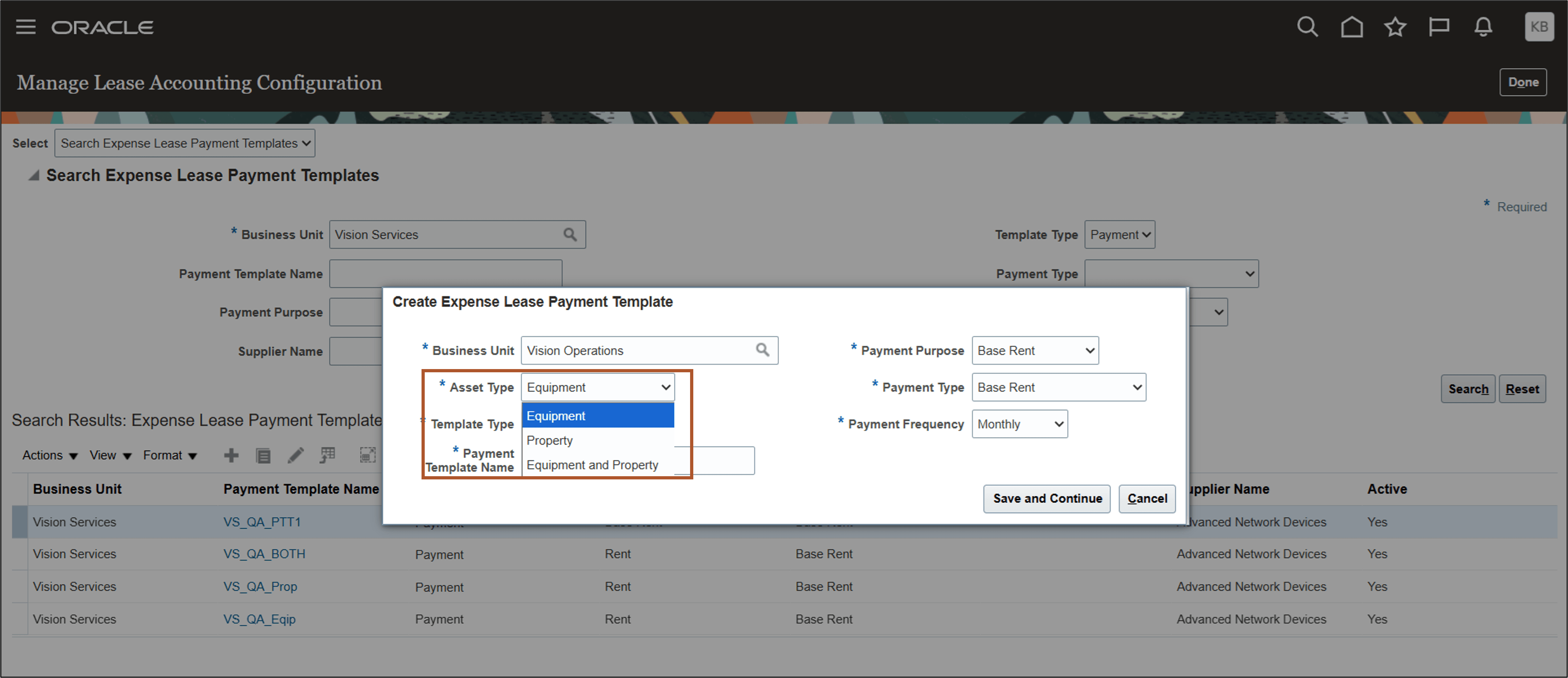 Create Expense Lease Payment Template page