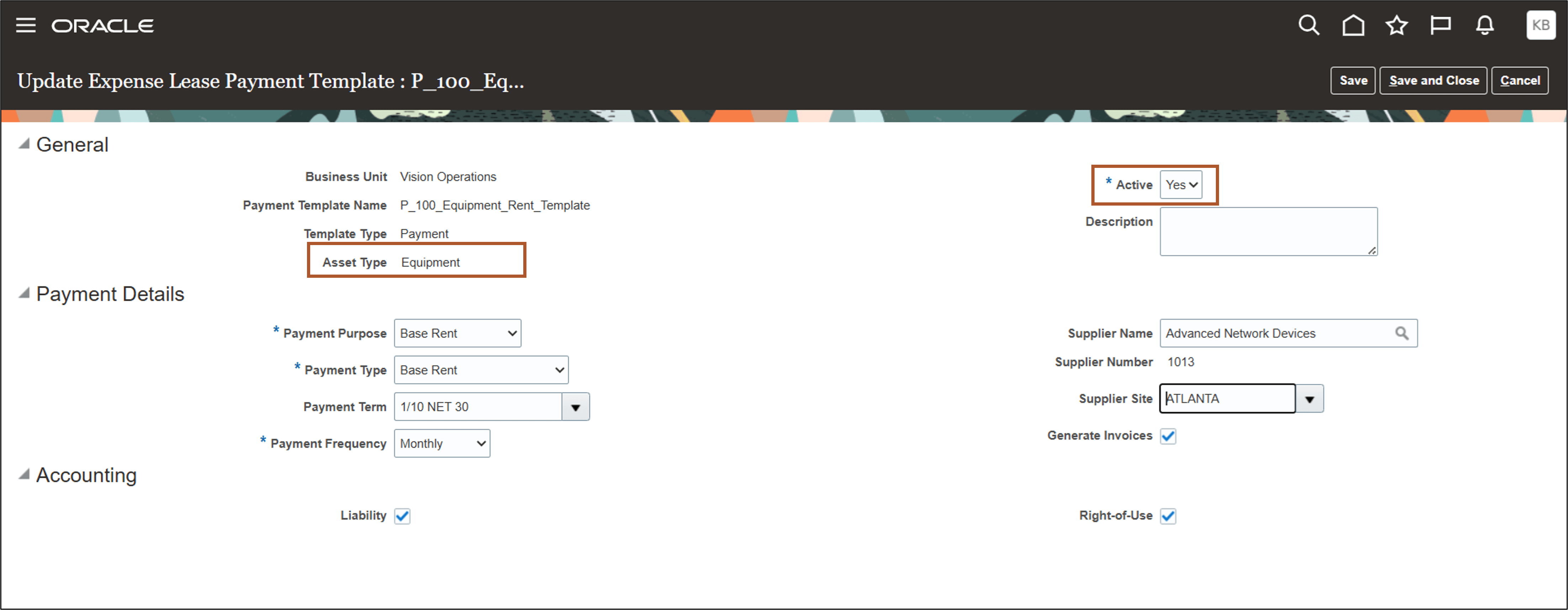 Update Expense Lease Payment Template page