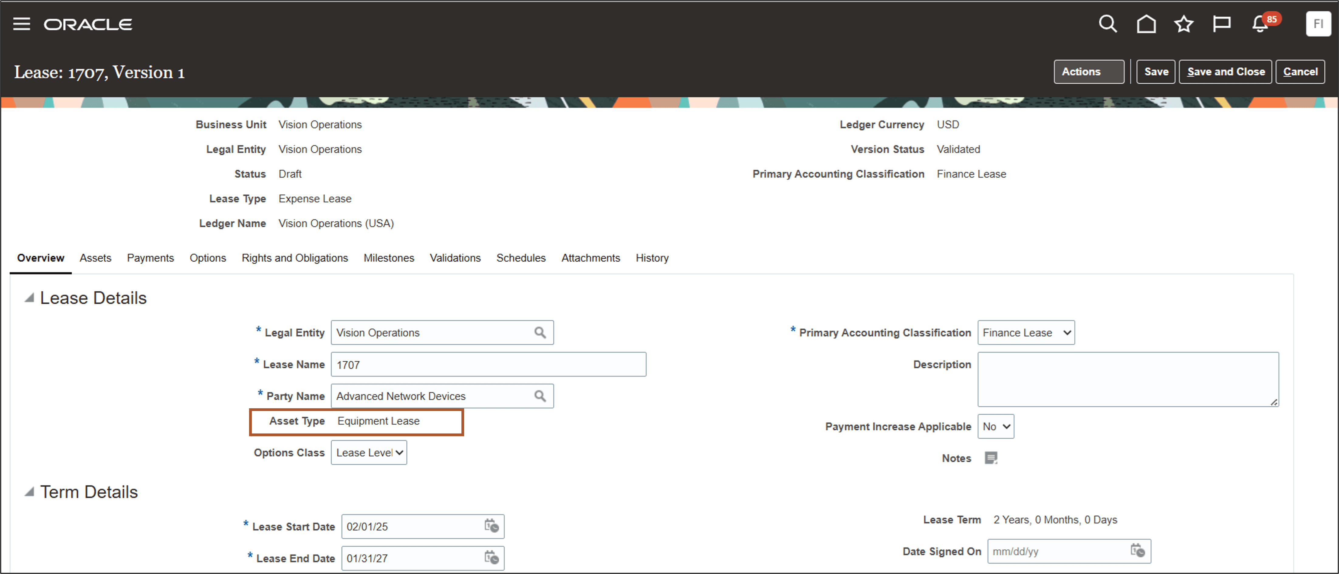 Expense Lease Details page