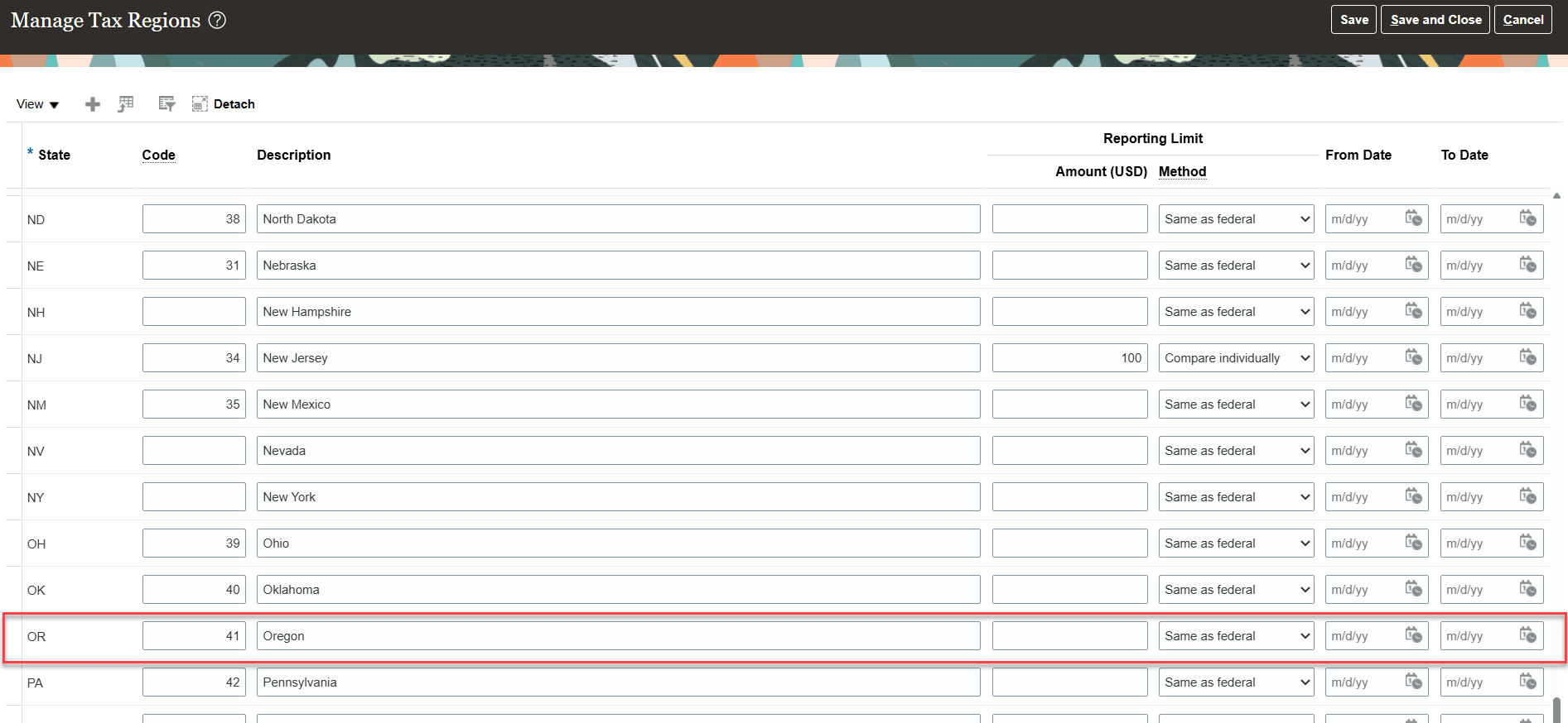 Manage Tax Regions Page