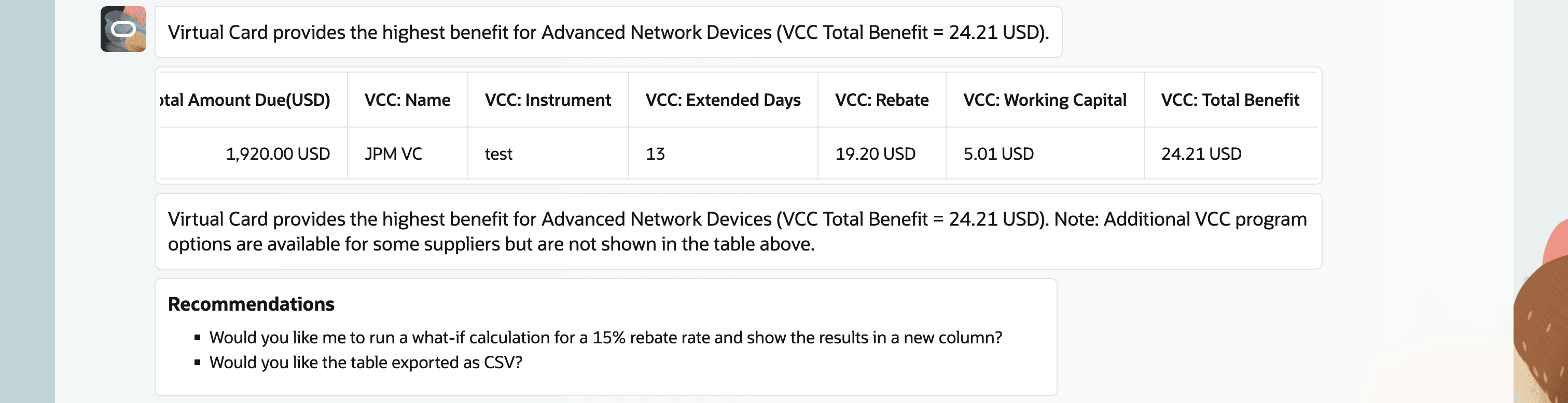 Payment Options Assistant found Virtual Card providing highest benefit amongst other programs