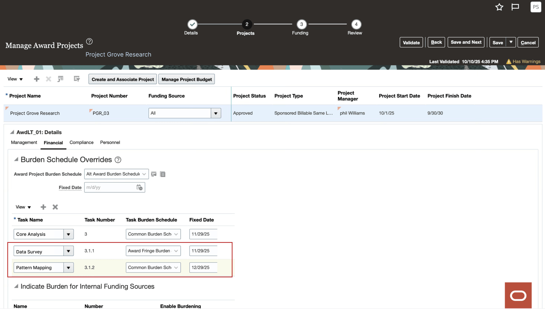 Burden schedule assigned to the lowest level task in Manage Award Projects 