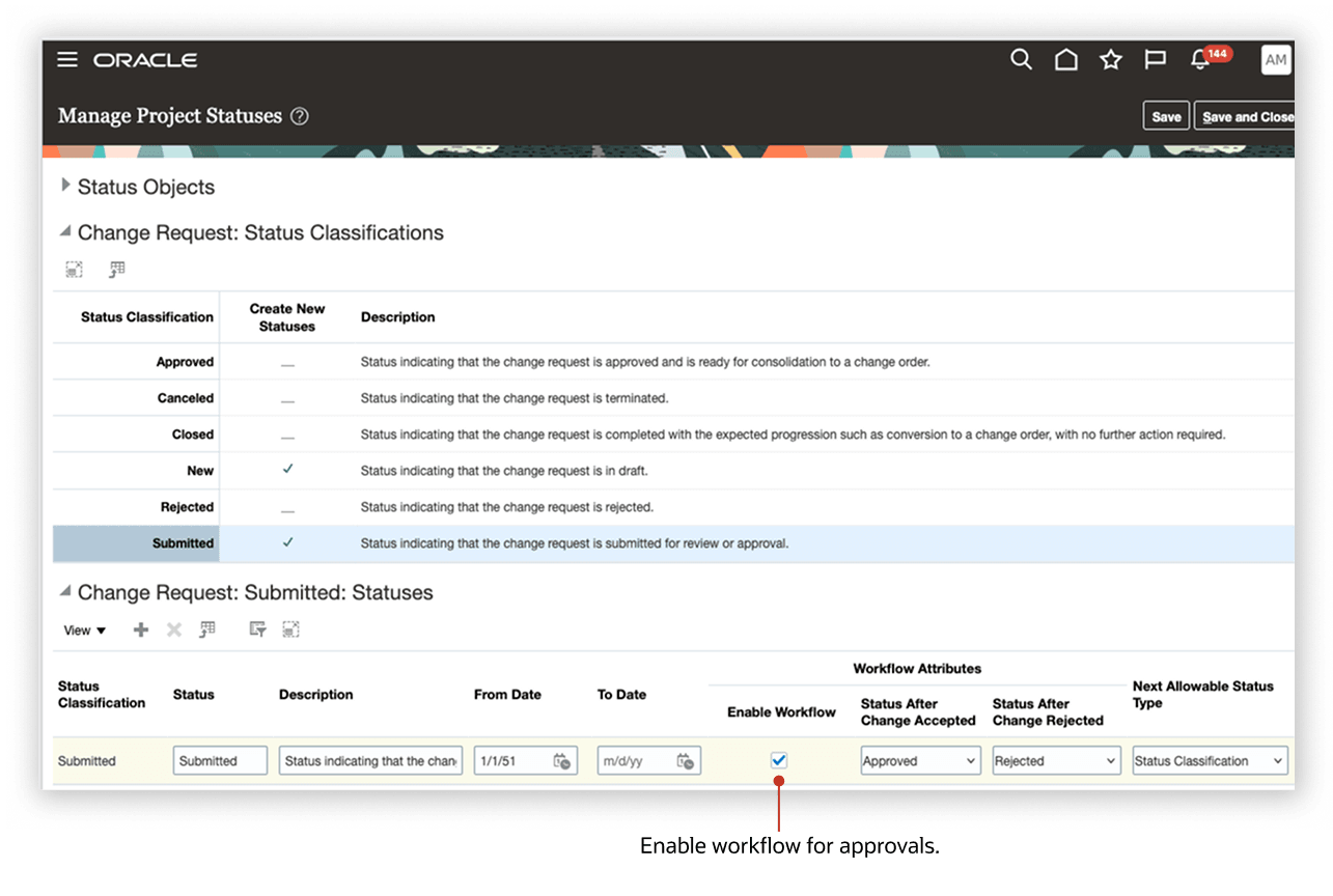 A screenshot of the Manage Project Statues setup page, showing change request status classifications and workflow settings.