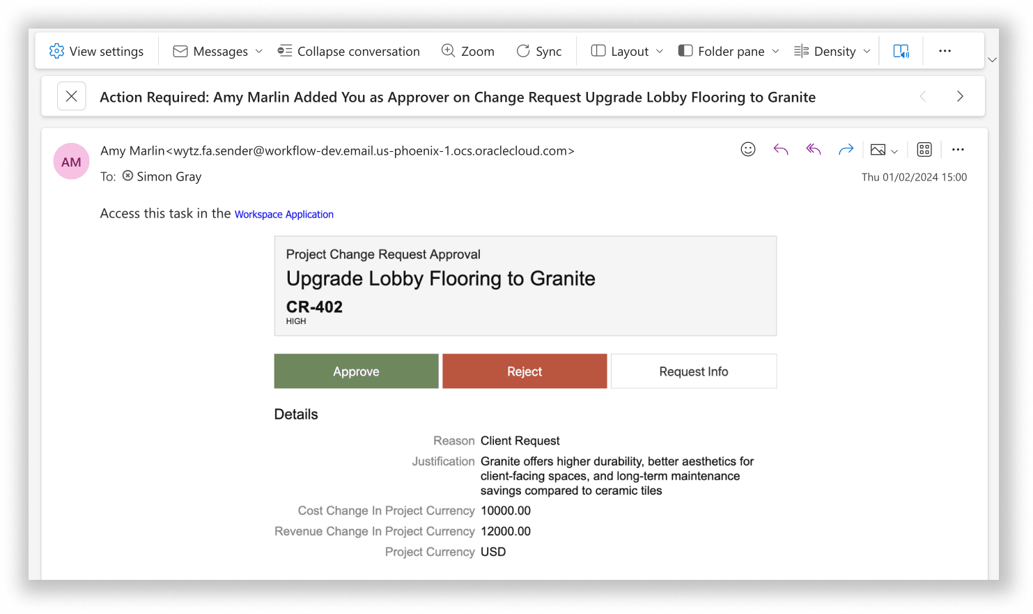 A screenshot of an email notification requesting approval for a project change request.