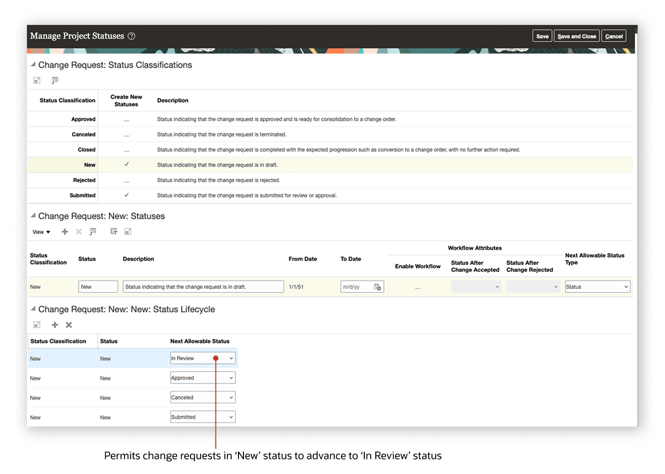 A screenshot of the Manage Project Statues setup page, showing the next allowable statuses.