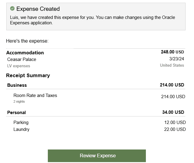 Receipt summary in email