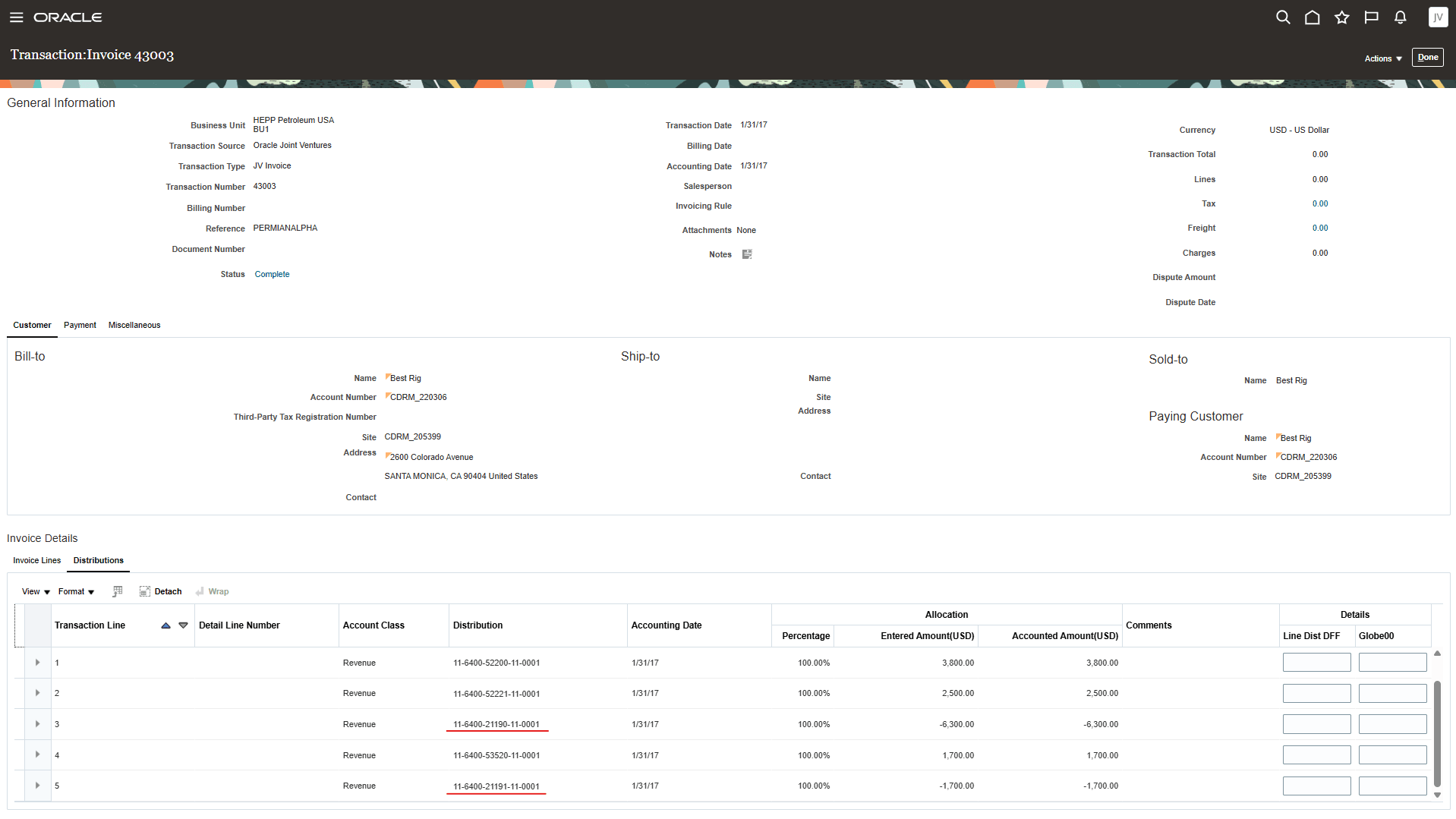 The Distributions section of the invoice shows the partner contribution lines by account. 