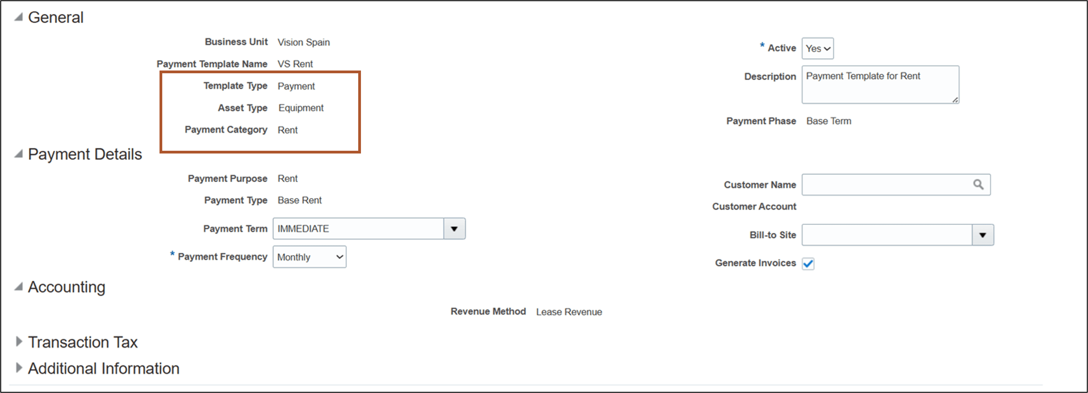 Create Payment Template page - Rent