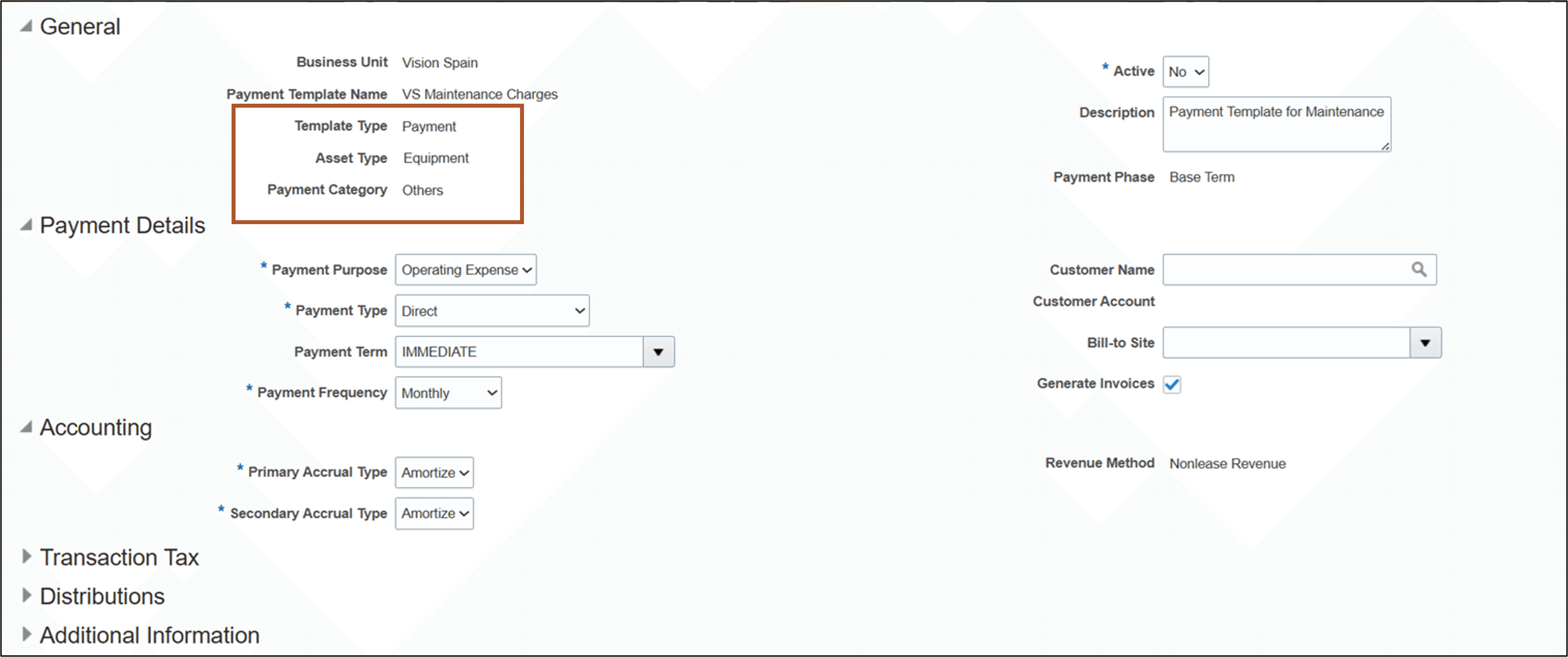 Create Payment Template page - Others