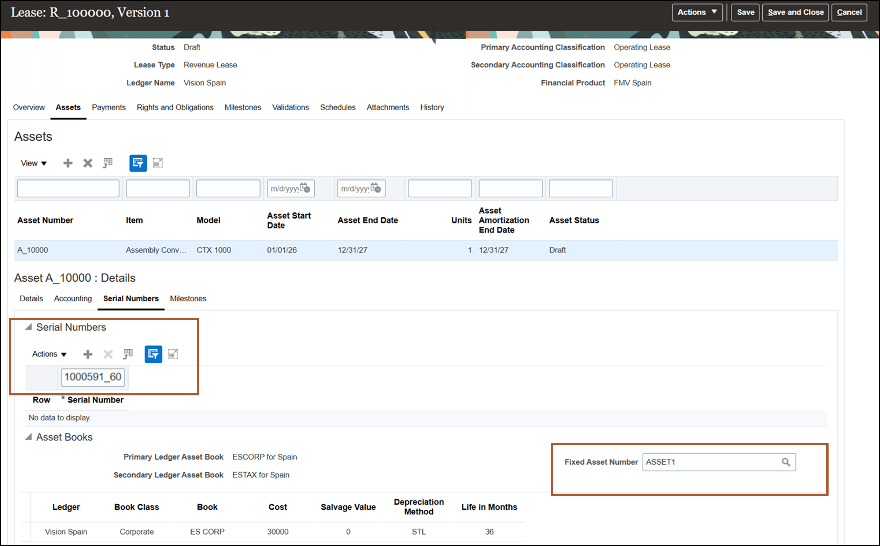 Asset Details Serial Numbers tab