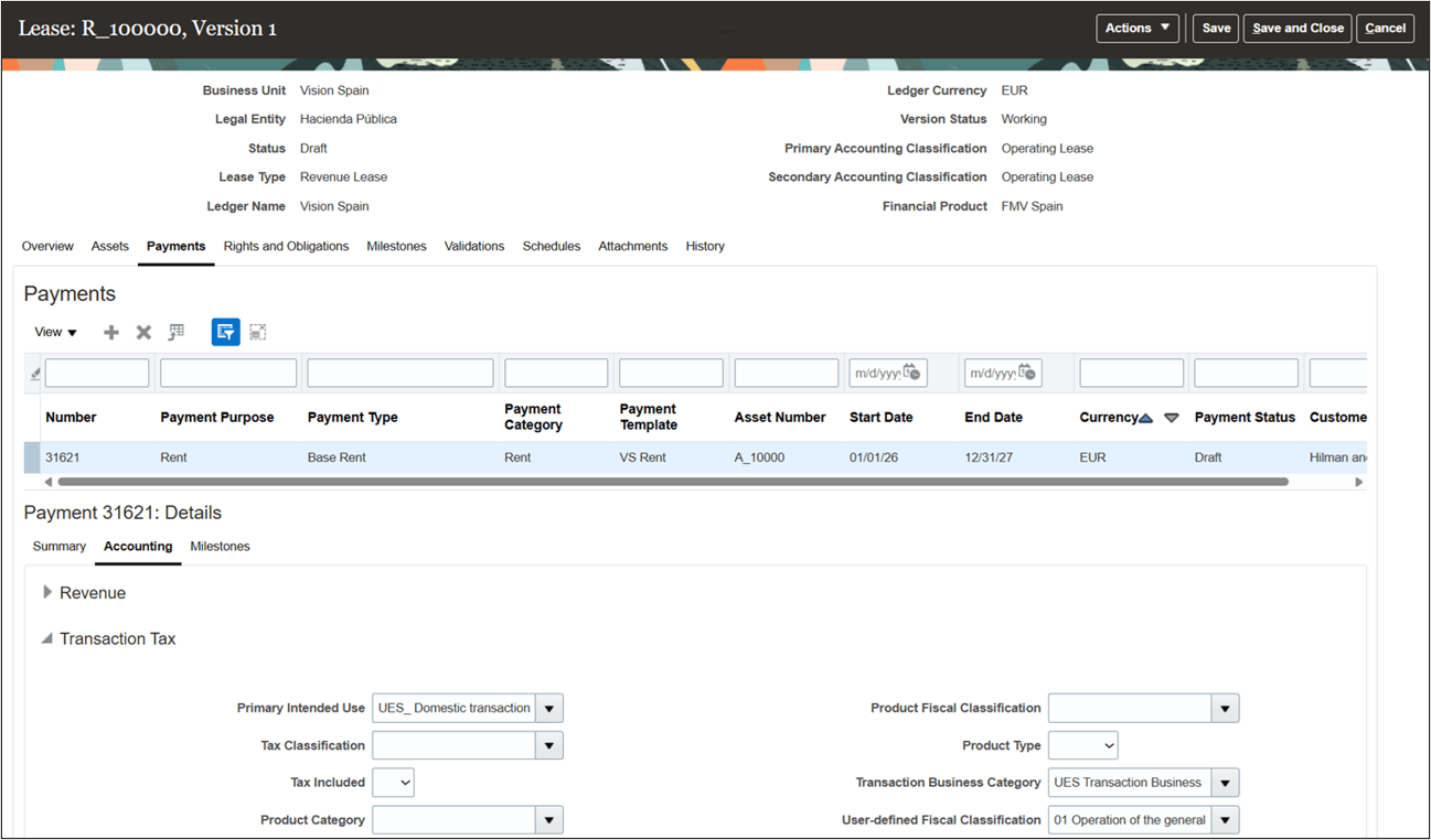 Payment Details Accounting tab - Rent