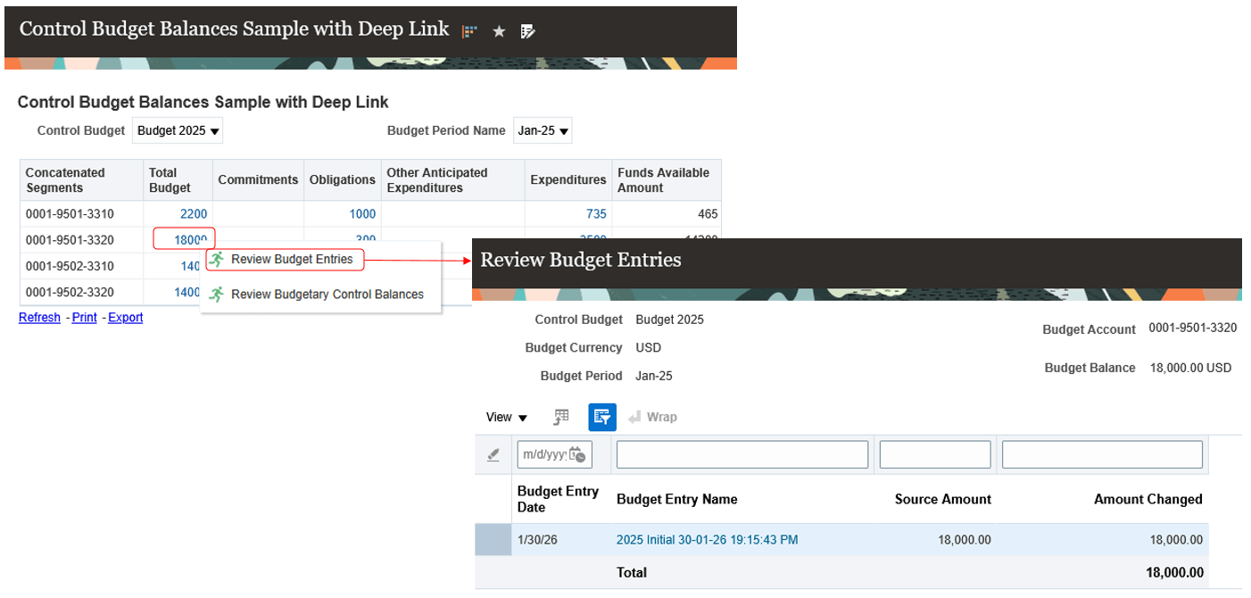 Drill on Budget Balance Amount to Review Budget Entries