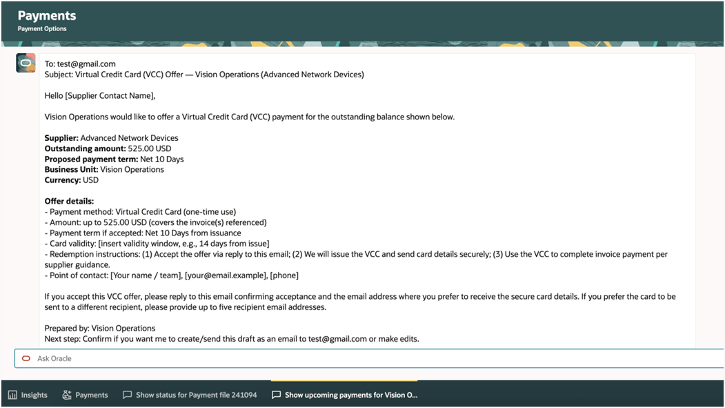 User can preview the virtual credit card offer draft