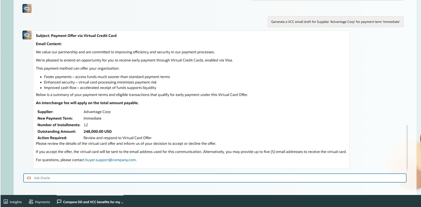 User can preview and create the draft offers email for virtual card