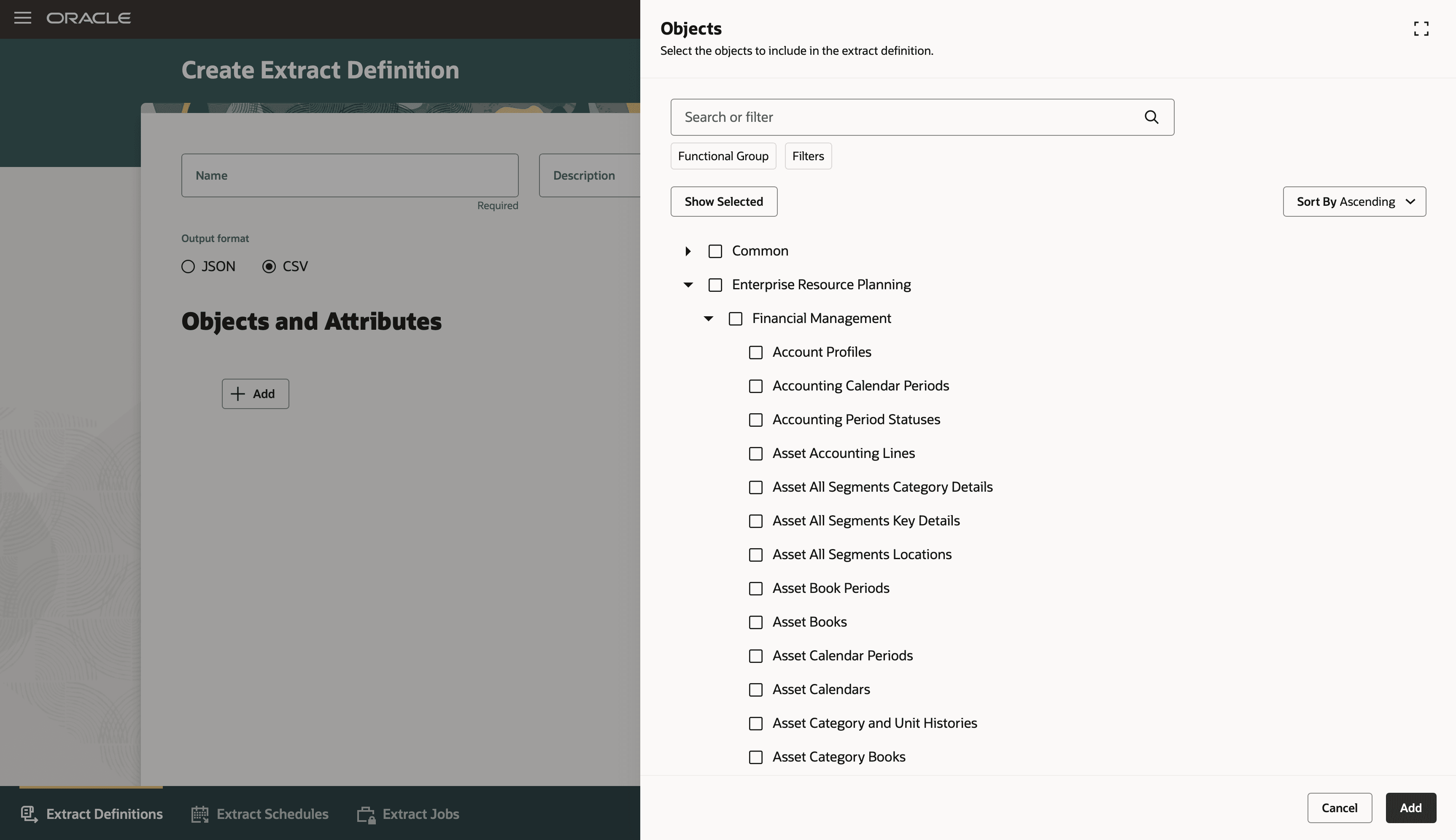 Selection of Business Objects for Data Extract