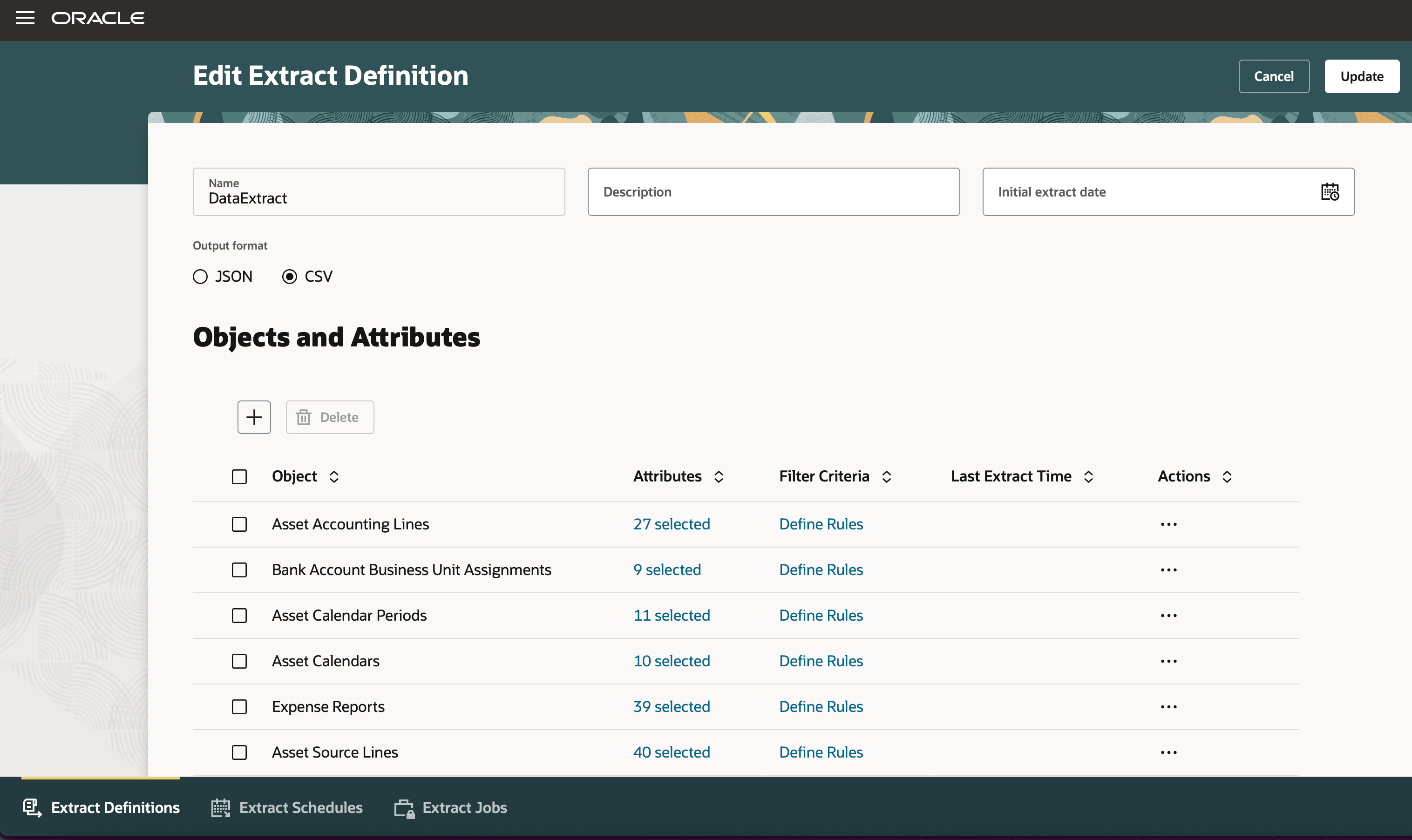Data Extraction - Add Rules, select attributes for objects