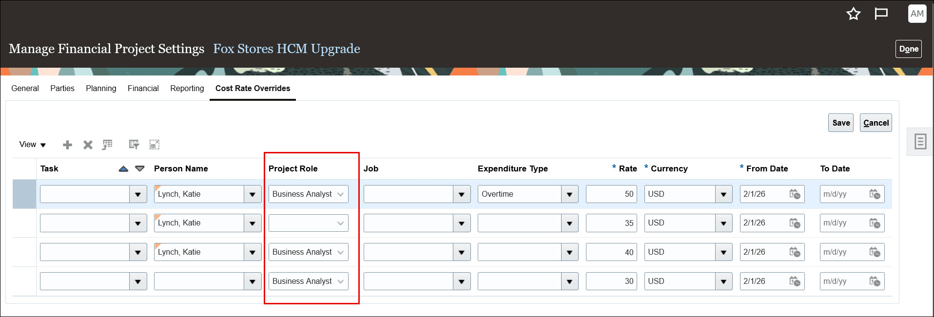 Project Cost Rate Override with Project Role Determinant