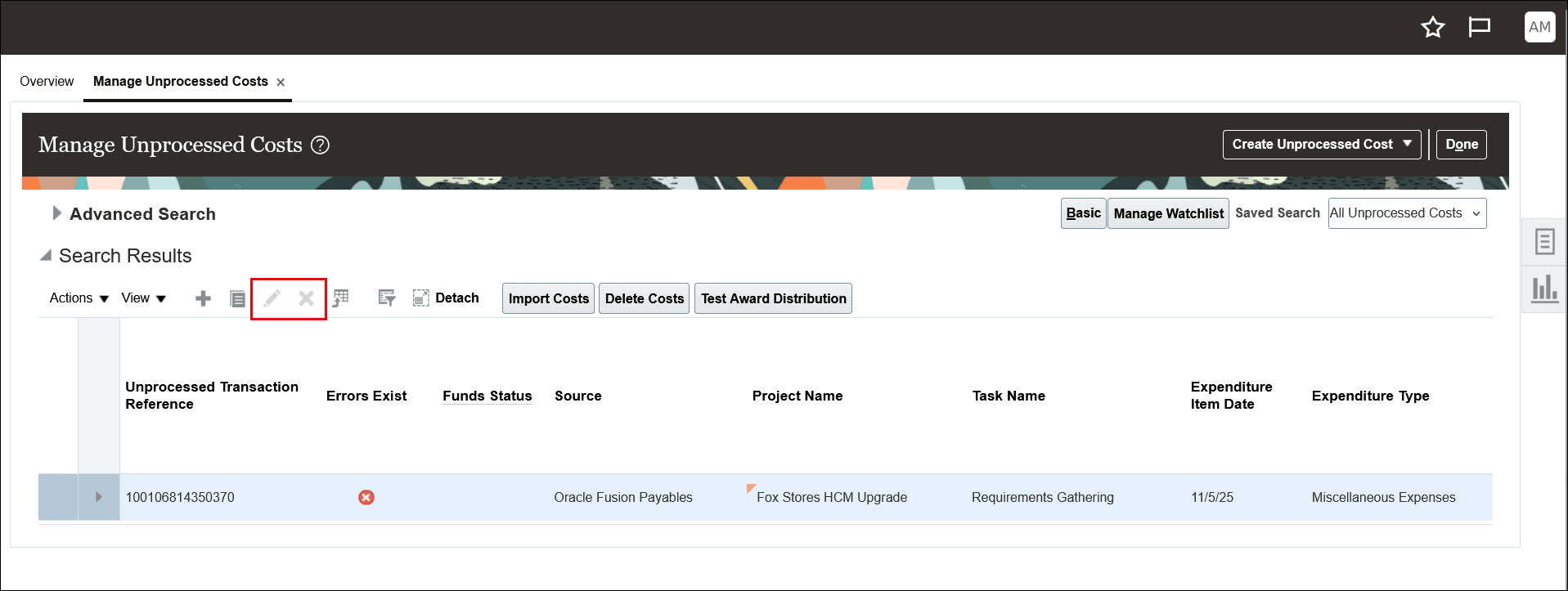 Edit and Delete Actions Disabled for the Oracle Fusion Payables Transaction Using the Seeded Role
