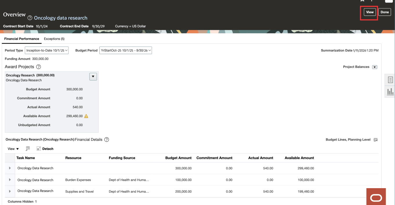 Read-only view of the Award Overview page