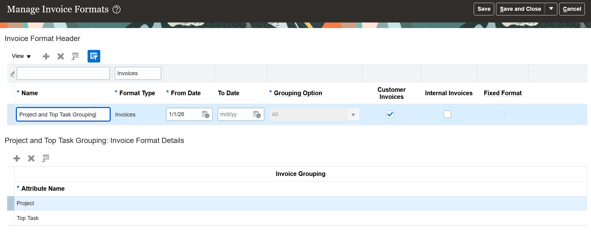 The Manage Invoice Formats page showing an invoice format used for grouping bill transactions into invoices by project and top task.