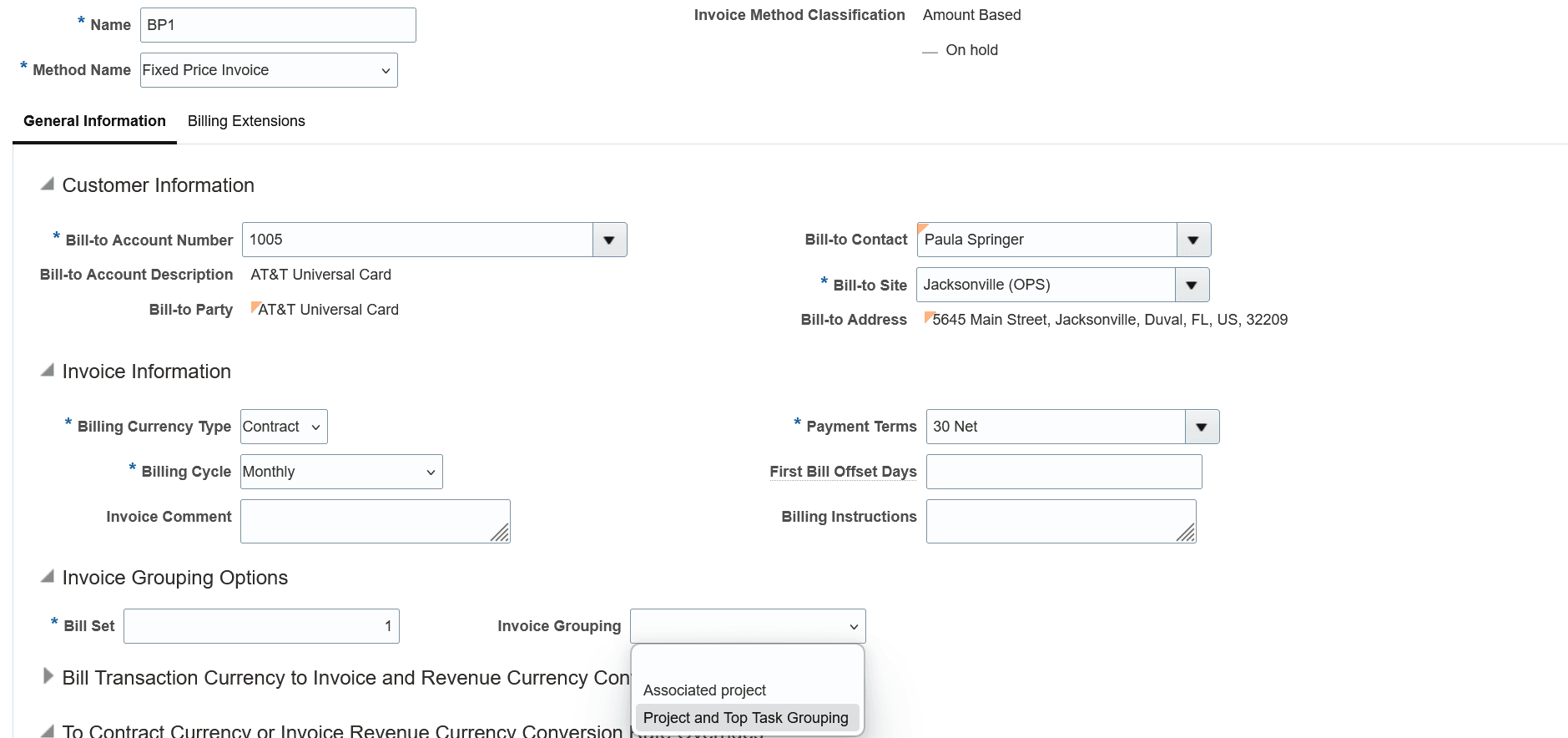 A project contract bill plan showing the list of values for the Invoice Grouping attribute. The seeded "Associated project" invoice format is available, along with a user-defined invoice format.