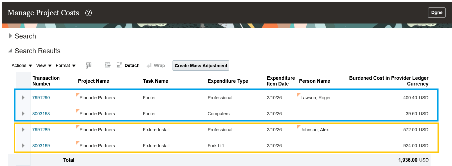 Manage Project Costs page showing actual costs for leaf tasks Footer and Fixture Install.