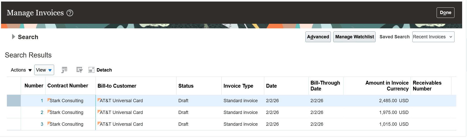 The Manage Invoices page showing three draft invoices, one each for Roger Lawson, Alex Johnson, and Amy Marlin.