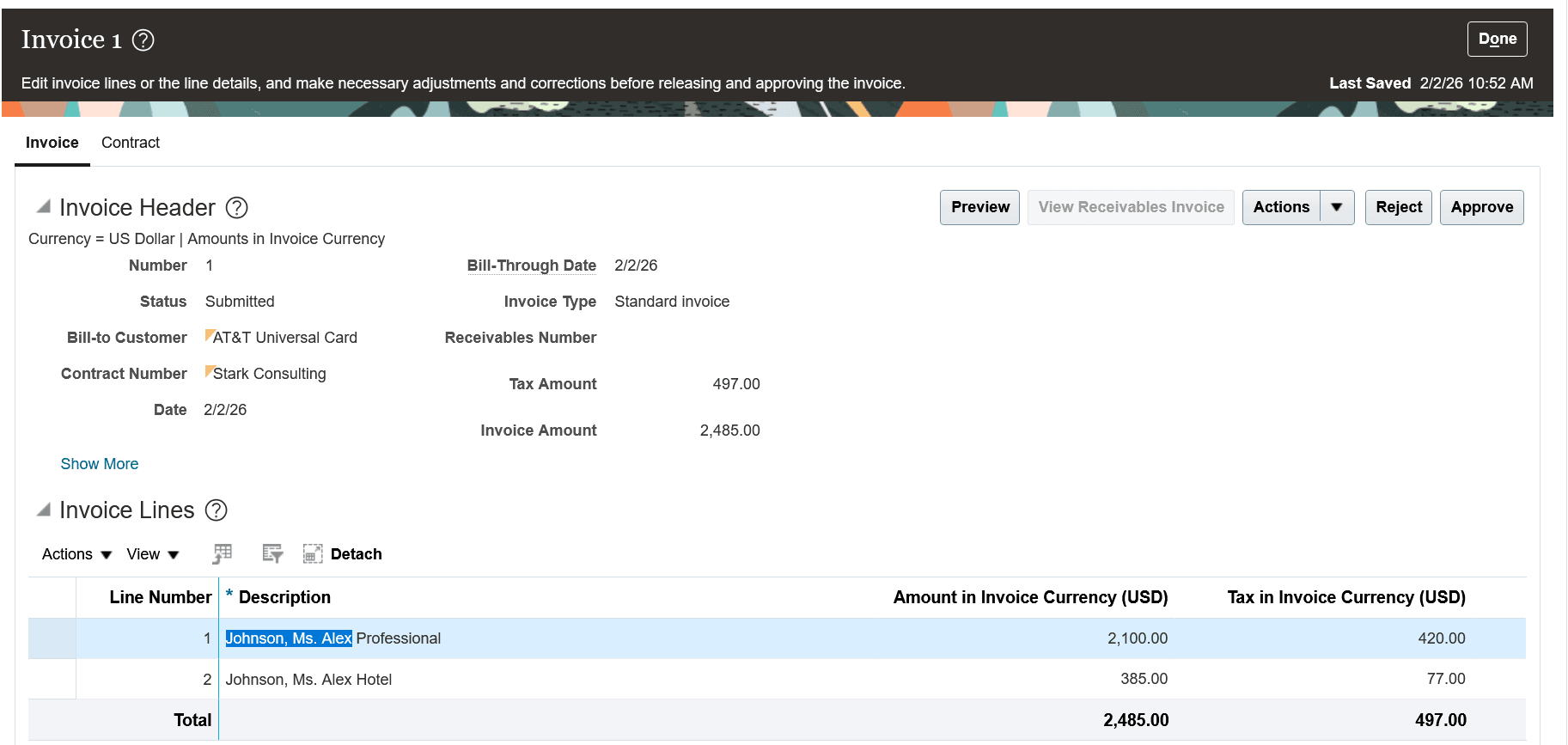 The Manage Invoices page with the invoice for Alex Johnson opened. The invoice has separate lines for time and expenses.