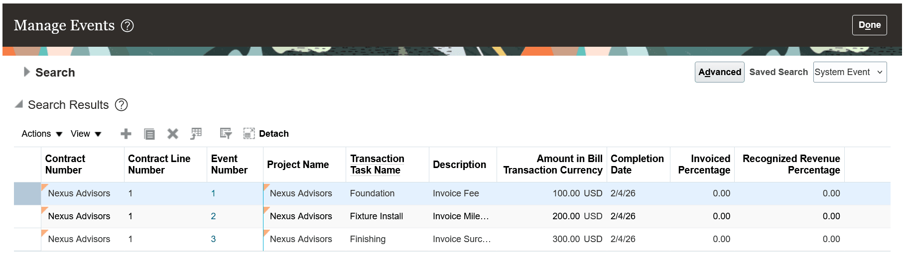 The Manage Events page showing three billing events associated with project milestones.