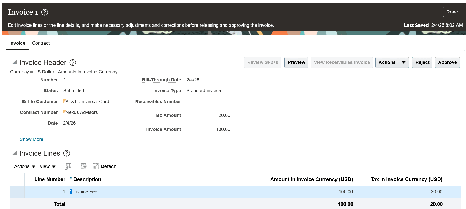 The Invoice Details page with the invoice for billing event 1 opened.