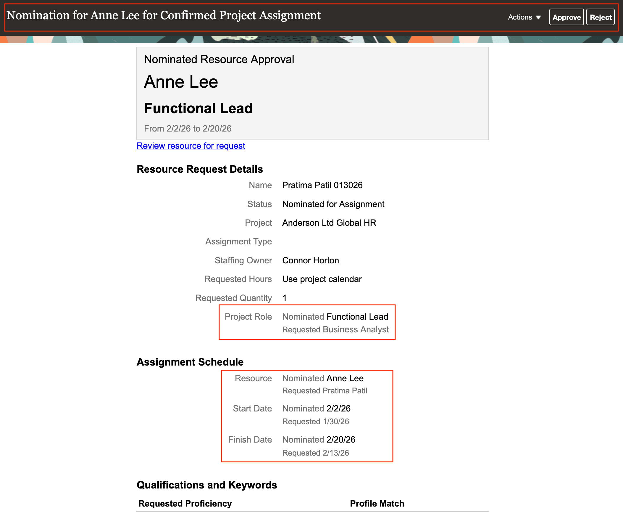 Actionable approve or reject nominated replacement resource notification for Project Manager