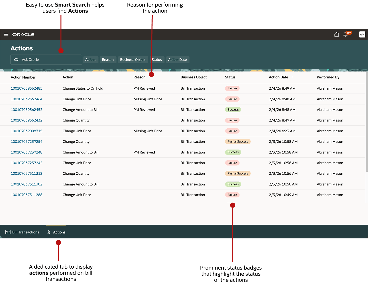 A screenshot showing Actions Page with Actions tab, smart search, status, and reason highlighted.