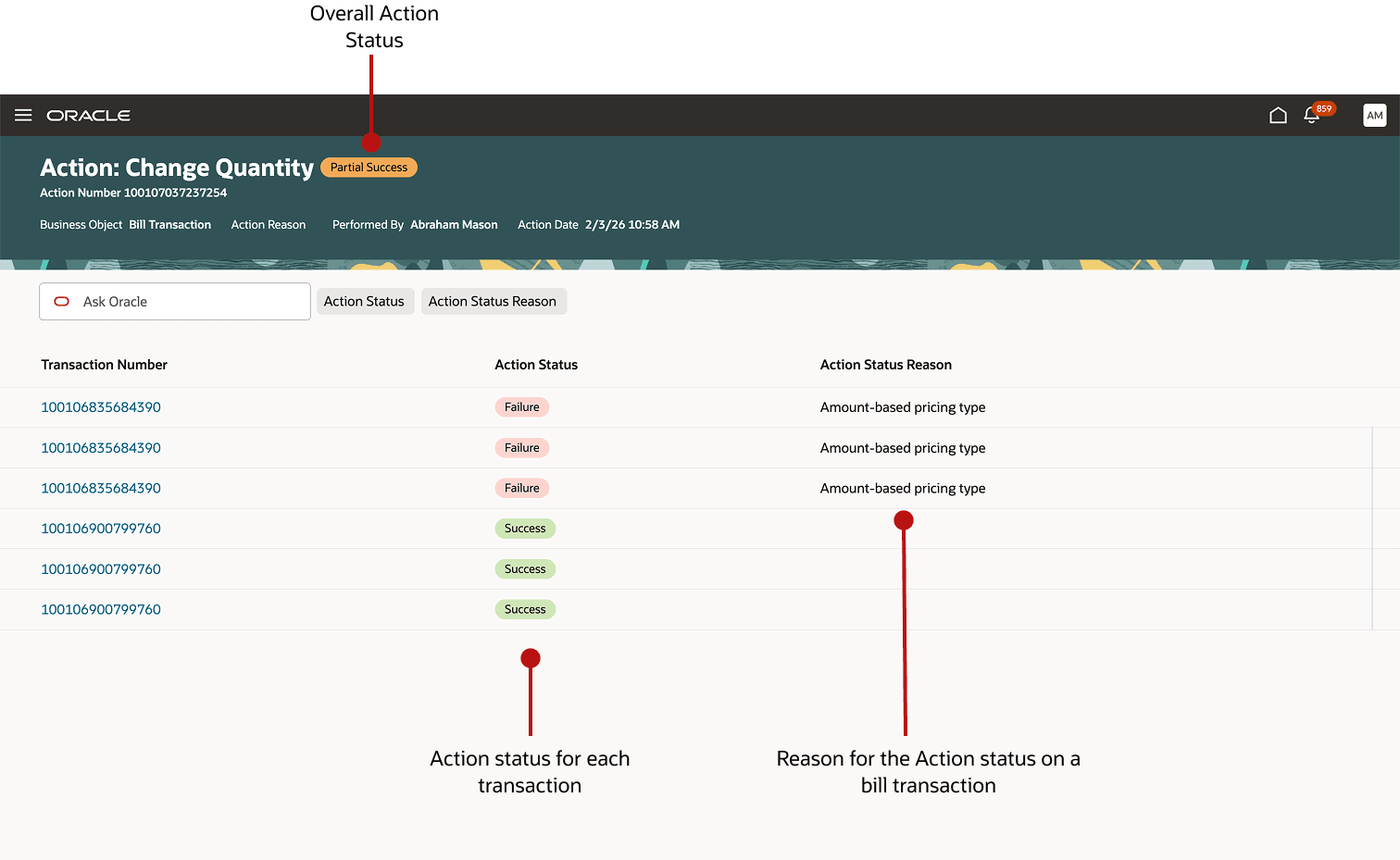 A screenshot showing the Action Details page with the action status and action status reason highlighted.