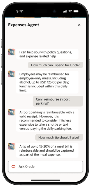 The agent answers expense policy and application-related questions