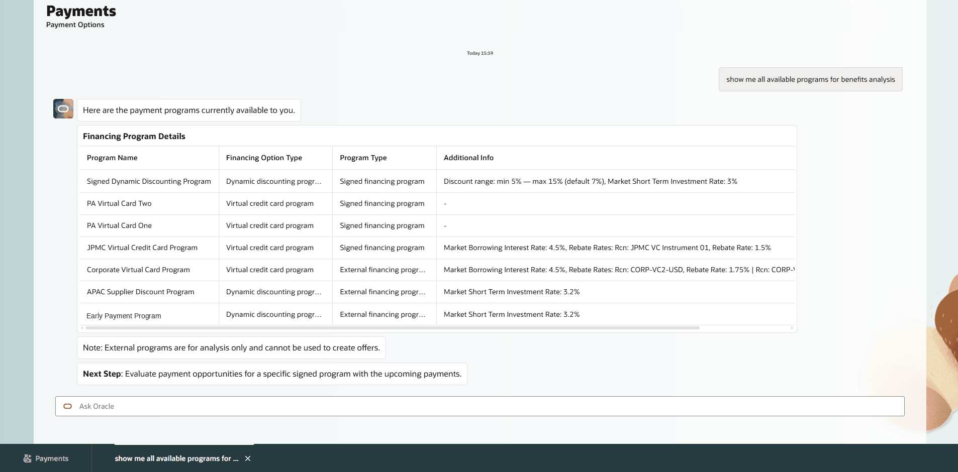 User can ask to view information about both internal and external financing programs