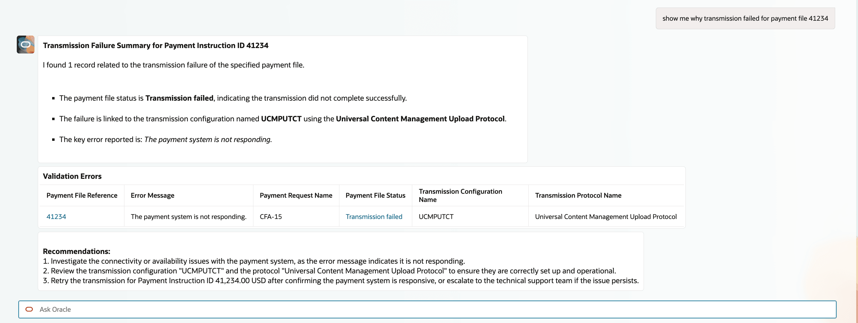Users can view why the transmission failed for a payment file in the chat itself