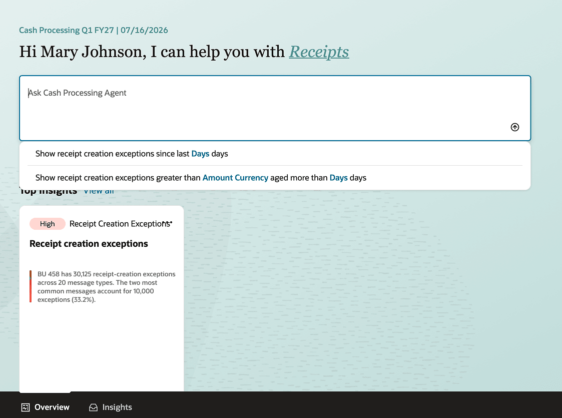 Users can choose from predefined prompts for frequent quick queries and see insights for Receipts context