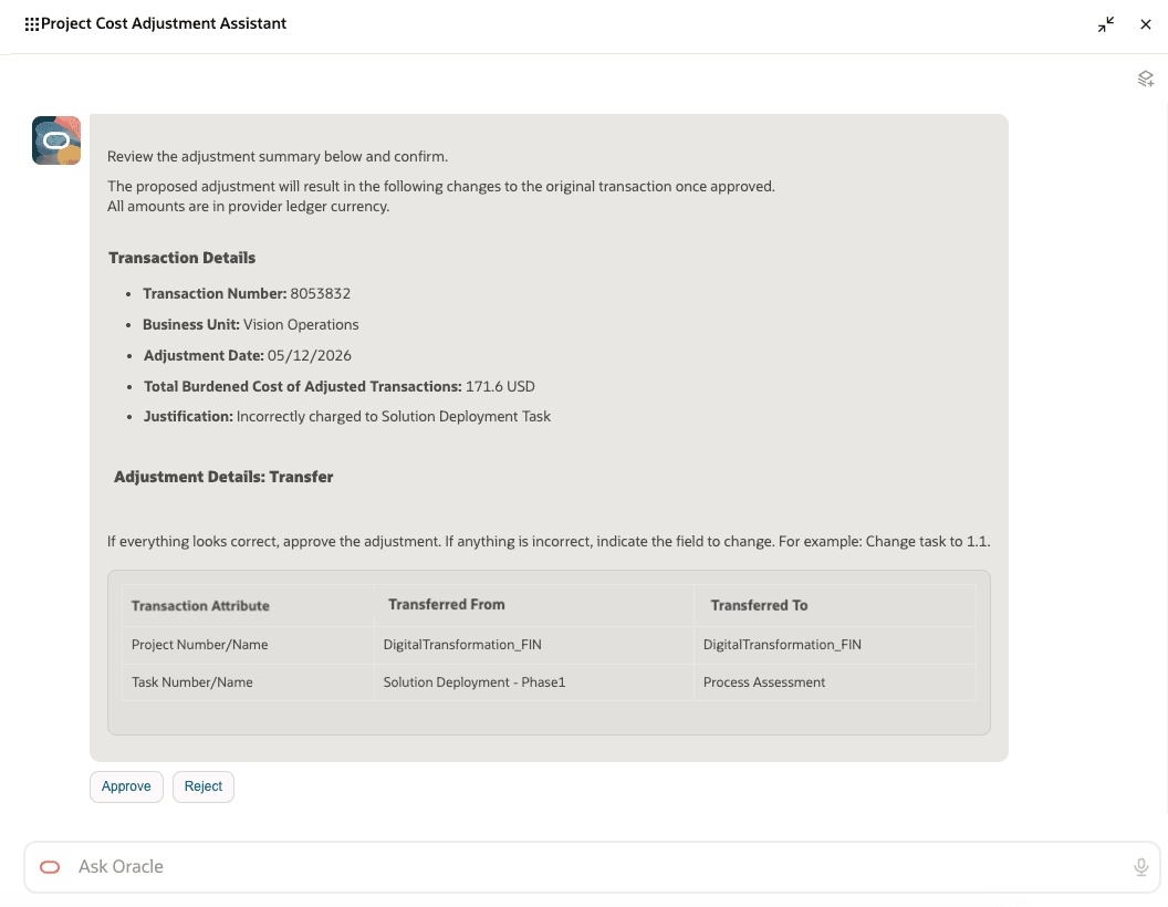 Approve or Reject a project cost transfer adjustment after reviewing the prepared adjustment in the Project Cost Adjustment Assistant.