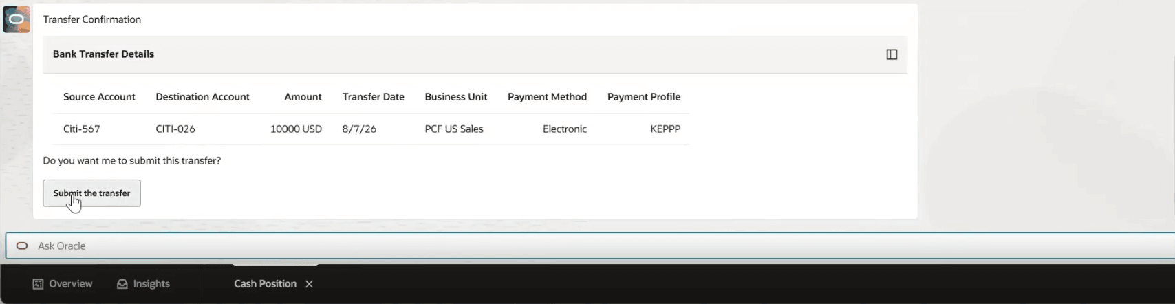 User Confirmation of Bank Transfer
