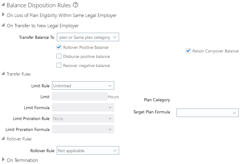 Screen capture of the Transfer Balance To field and Retain Carryover Balance checkboxes